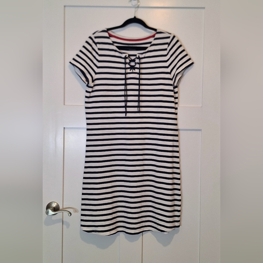 Talbots Cotton Blue White Striped Tee Shirt Dress Midi Lace Up Neckline Large